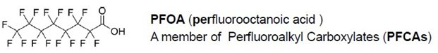 Molecular diagram of PFOA (perfluorooctanoic acid), a member of Perfluoroalkyl Carboxylates (PFCAs).